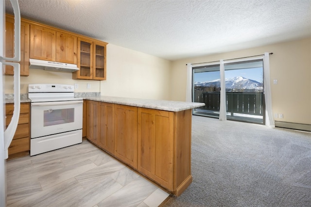 kitchen featuring a textured ceiling, kitchen peninsula, light carpet, and white range with electric stovetop