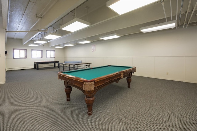 playroom featuring dark carpet, billiards, and a baseboard radiator