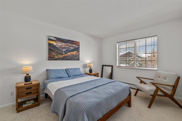 carpeted bedroom with baseboard heating