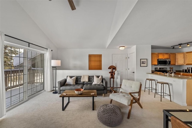 living room featuring light colored carpet, lofted ceiling, and track lighting