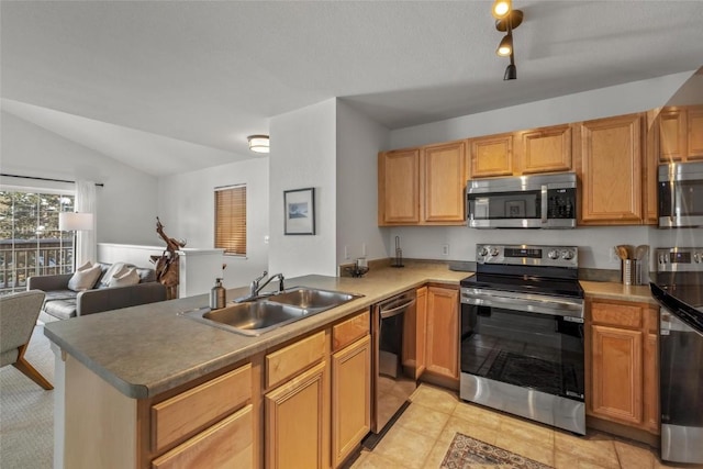 kitchen featuring vaulted ceiling, appliances with stainless steel finishes, kitchen peninsula, and sink