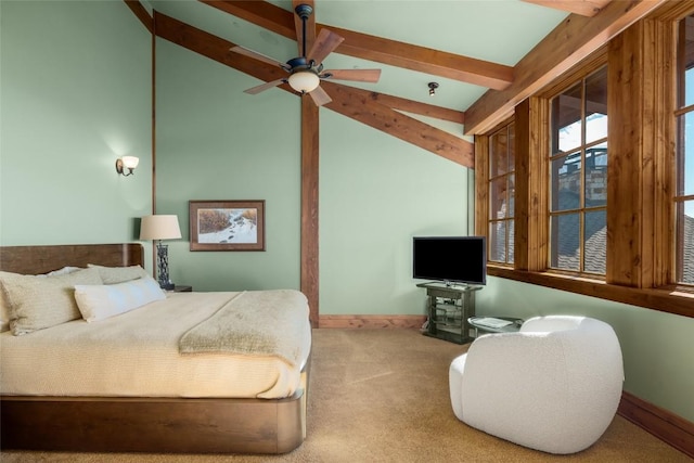 bedroom featuring carpet floors, lofted ceiling with beams, and ceiling fan