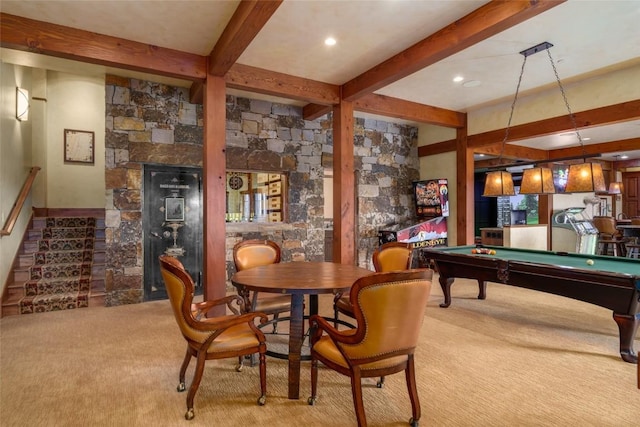 rec room featuring beam ceiling, light carpet, and billiards