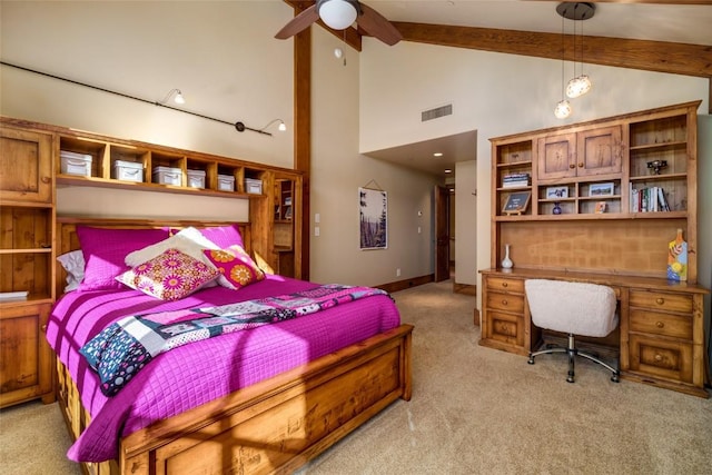 carpeted bedroom with beamed ceiling, ceiling fan, and high vaulted ceiling