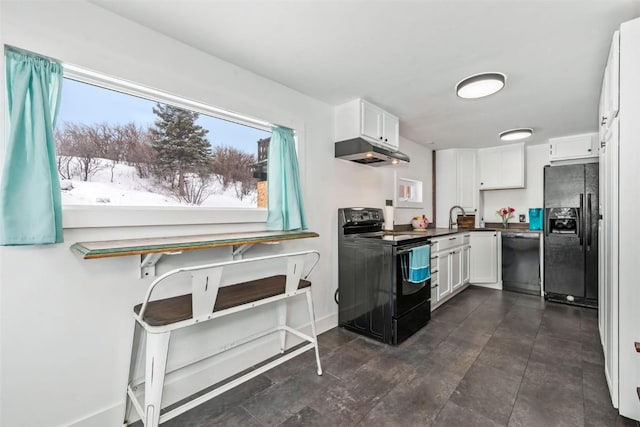 kitchen with white cabinetry, sink, and black appliances