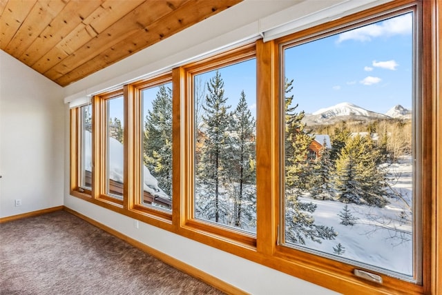 doorway featuring a mountain view, carpet, vaulted ceiling, and wood ceiling