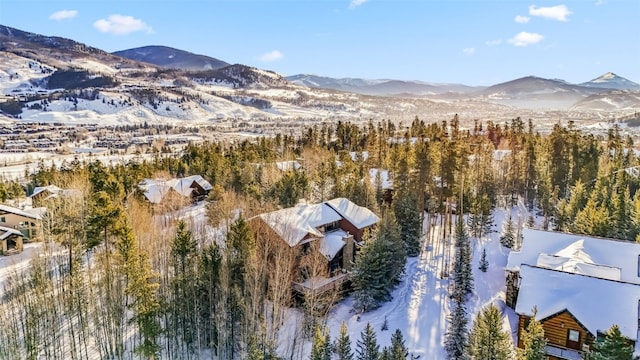 snowy aerial view with a mountain view