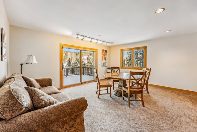 carpeted dining area with rail lighting