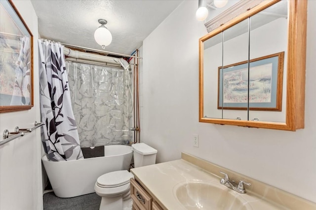 full bathroom with a textured ceiling, vanity, shower / tub combo, and toilet