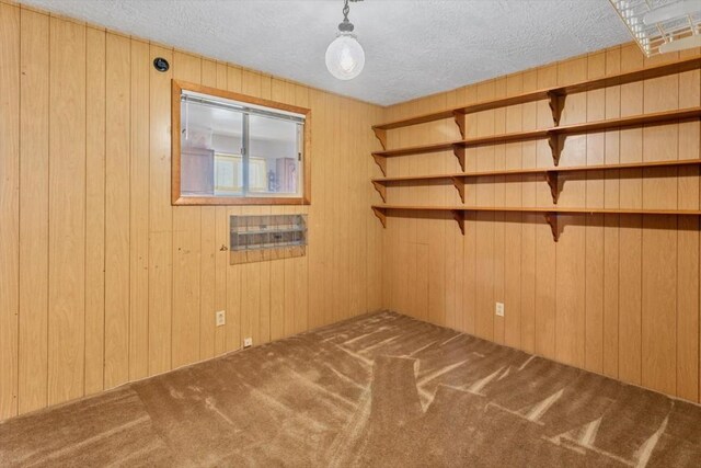 empty room with wood walls, carpet floors, and a textured ceiling