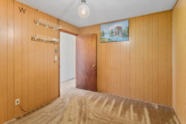 unfurnished room with wood walls, light carpet, and a textured ceiling