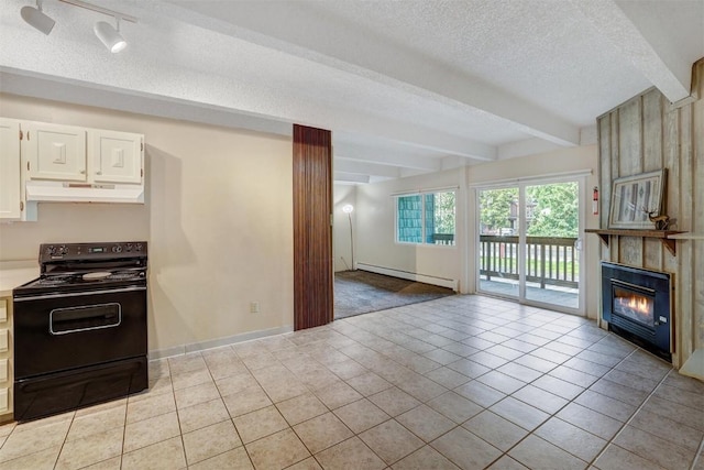 kitchen with a textured ceiling, a baseboard heating unit, beam ceiling, white cabinets, and black electric range oven