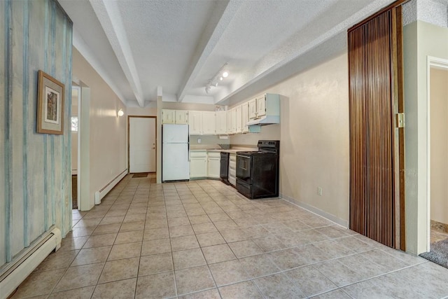 kitchen featuring black appliances, white cabinetry, baseboard heating, and a textured ceiling