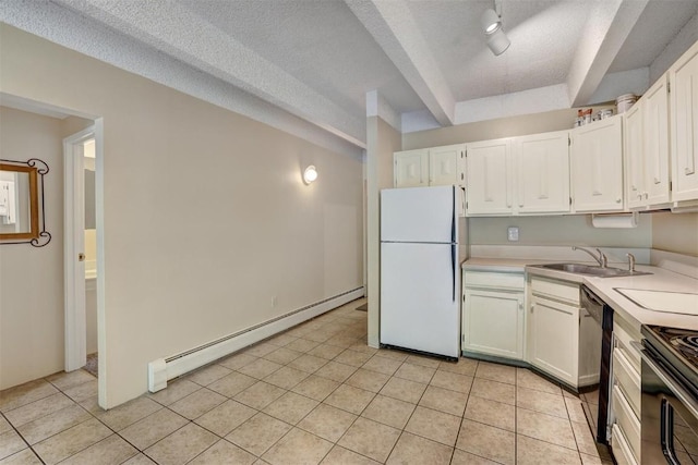 kitchen with black appliances, white cabinetry, baseboard heating, and a textured ceiling