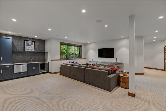 carpeted living room with indoor wet bar