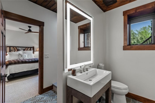 bathroom with ceiling fan, toilet, sink, and wooden ceiling