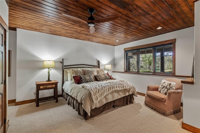 bedroom with ceiling fan, carpet flooring, and wooden ceiling