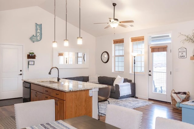 kitchen with light stone counters, ceiling fan, sink, pendant lighting, and an island with sink