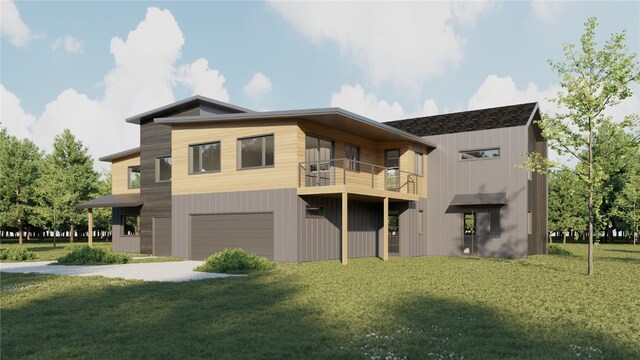 rear view of house featuring a balcony, a garage, and a lawn