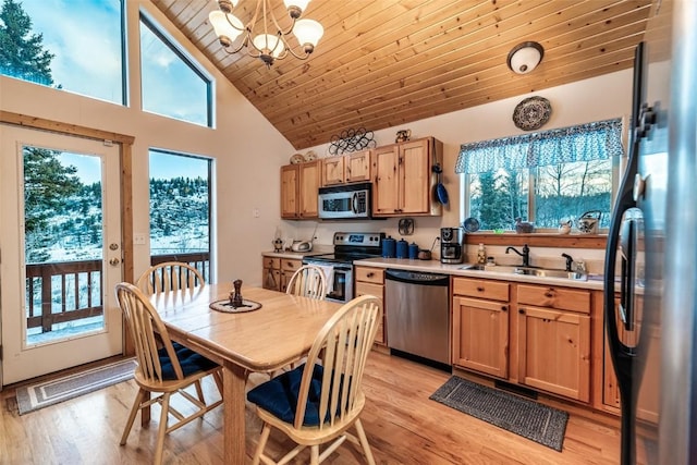 kitchen with sink, an inviting chandelier, high vaulted ceiling, appliances with stainless steel finishes, and light wood-type flooring