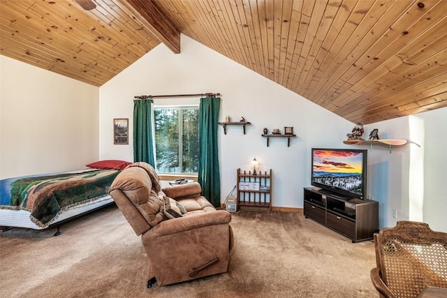 bedroom featuring lofted ceiling with beams, wood ceiling, and light carpet