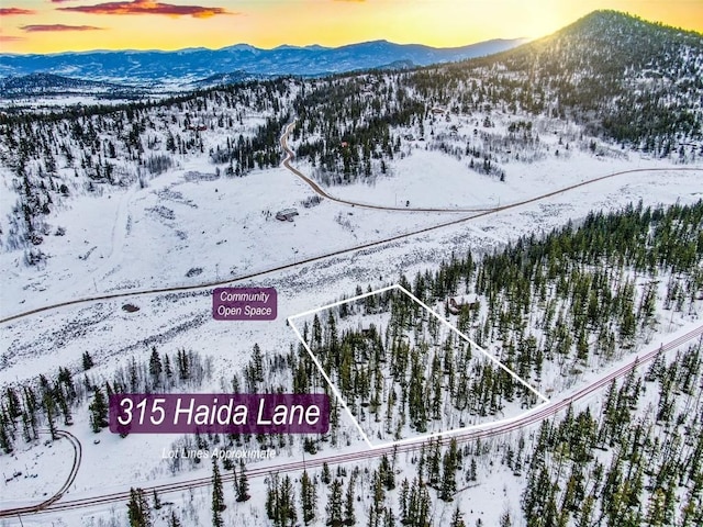 snowy aerial view with a mountain view