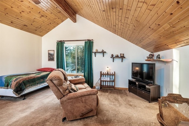 bedroom featuring lofted ceiling with beams, light colored carpet, and wood ceiling