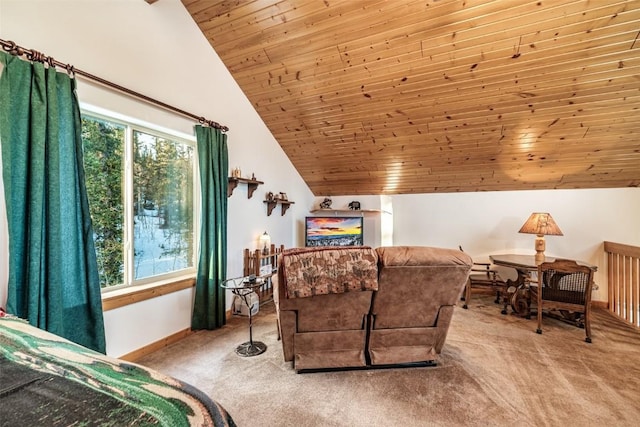 bedroom with light carpet, lofted ceiling, and wood ceiling