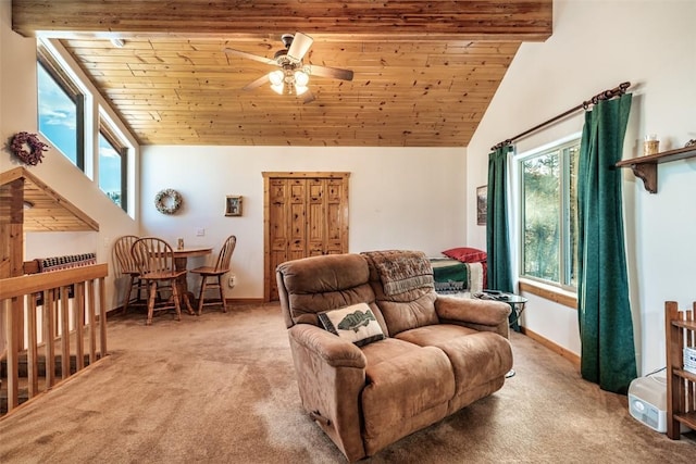 carpeted living room with ceiling fan, beam ceiling, wooden ceiling, and high vaulted ceiling