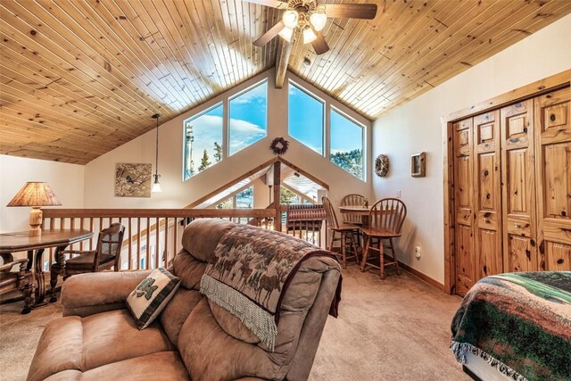 bedroom with ceiling fan, beamed ceiling, high vaulted ceiling, light carpet, and wood ceiling