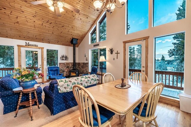 dining space featuring a wood stove, wooden ceiling, high vaulted ceiling, ceiling fan with notable chandelier, and light wood-type flooring