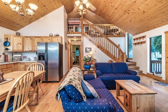 living room featuring high vaulted ceiling, wood ceiling, ceiling fan with notable chandelier, and light hardwood / wood-style floors