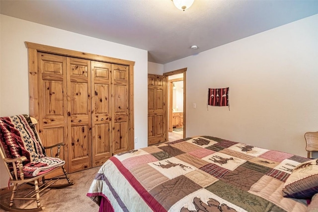 bedroom with light colored carpet and a closet