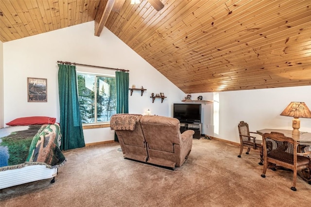 interior space with light carpet, lofted ceiling with beams, and wood ceiling