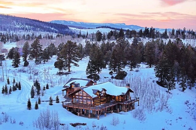 snowy aerial view with a mountain view