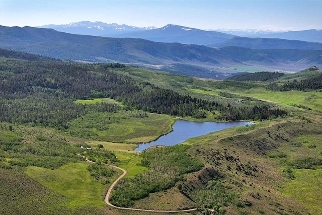 birds eye view of property featuring a water and mountain view