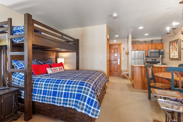 bedroom with freestanding refrigerator, light carpet, and recessed lighting