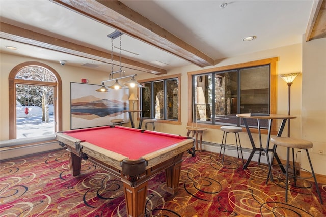 recreation room featuring recessed lighting, baseboards, beam ceiling, and pool table