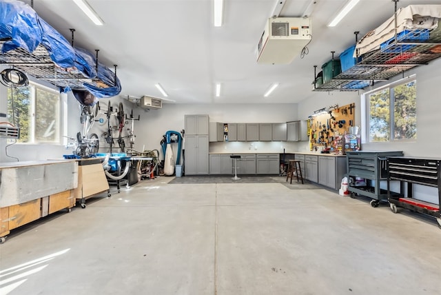 garage with a workshop area