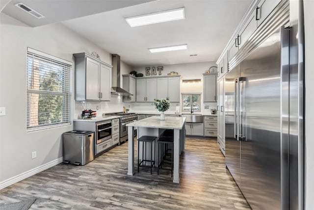 kitchen featuring gray cabinetry, a sink, visible vents, high quality appliances, and wall chimney range hood