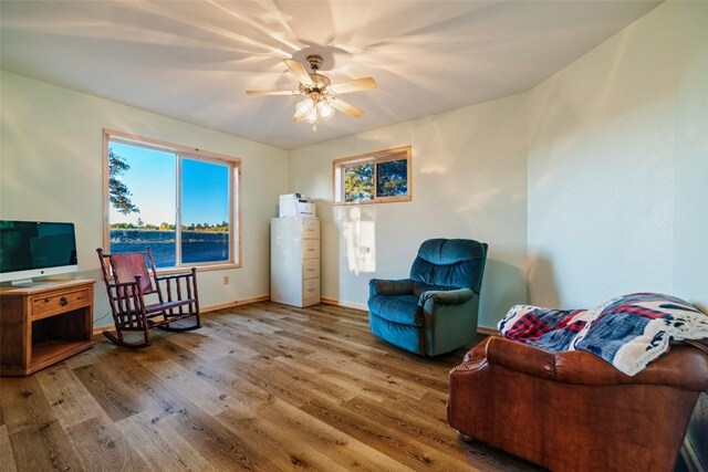 living room featuring hardwood / wood-style flooring and ceiling fan