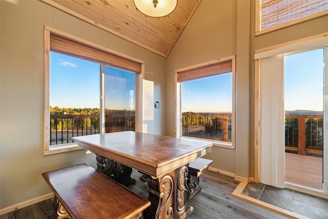 dining space with dark hardwood / wood-style floors, wood ceiling, and lofted ceiling