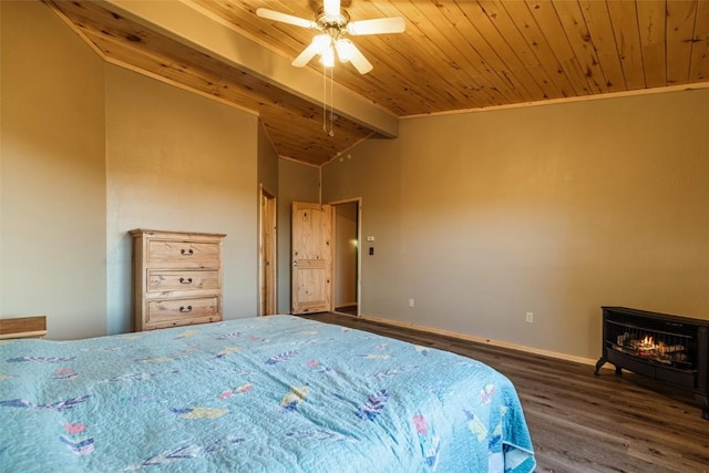 bedroom featuring a wood stove, ceiling fan, wood ceiling, and dark hardwood / wood-style floors