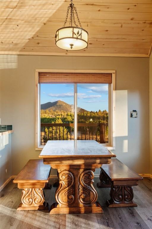 dining room featuring a mountain view, wood-type flooring, lofted ceiling, and wood ceiling