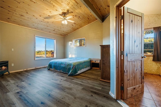 bedroom with ceiling fan, lofted ceiling, dark wood-type flooring, and wood ceiling