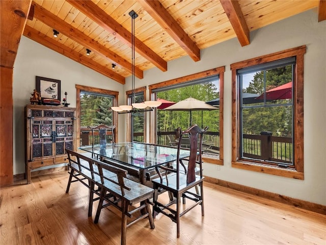 dining room with lofted ceiling with beams, wooden ceiling, and light hardwood / wood-style floors