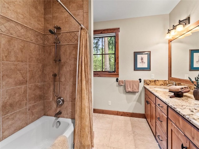 bathroom featuring tile patterned floors, shower / bath combination with curtain, and vanity