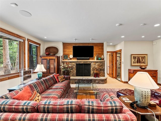 living room with a fireplace