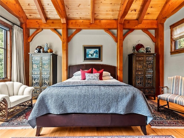 bedroom featuring wood-type flooring, beam ceiling, and wood ceiling