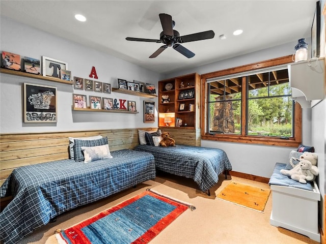 bedroom featuring carpet flooring and ceiling fan